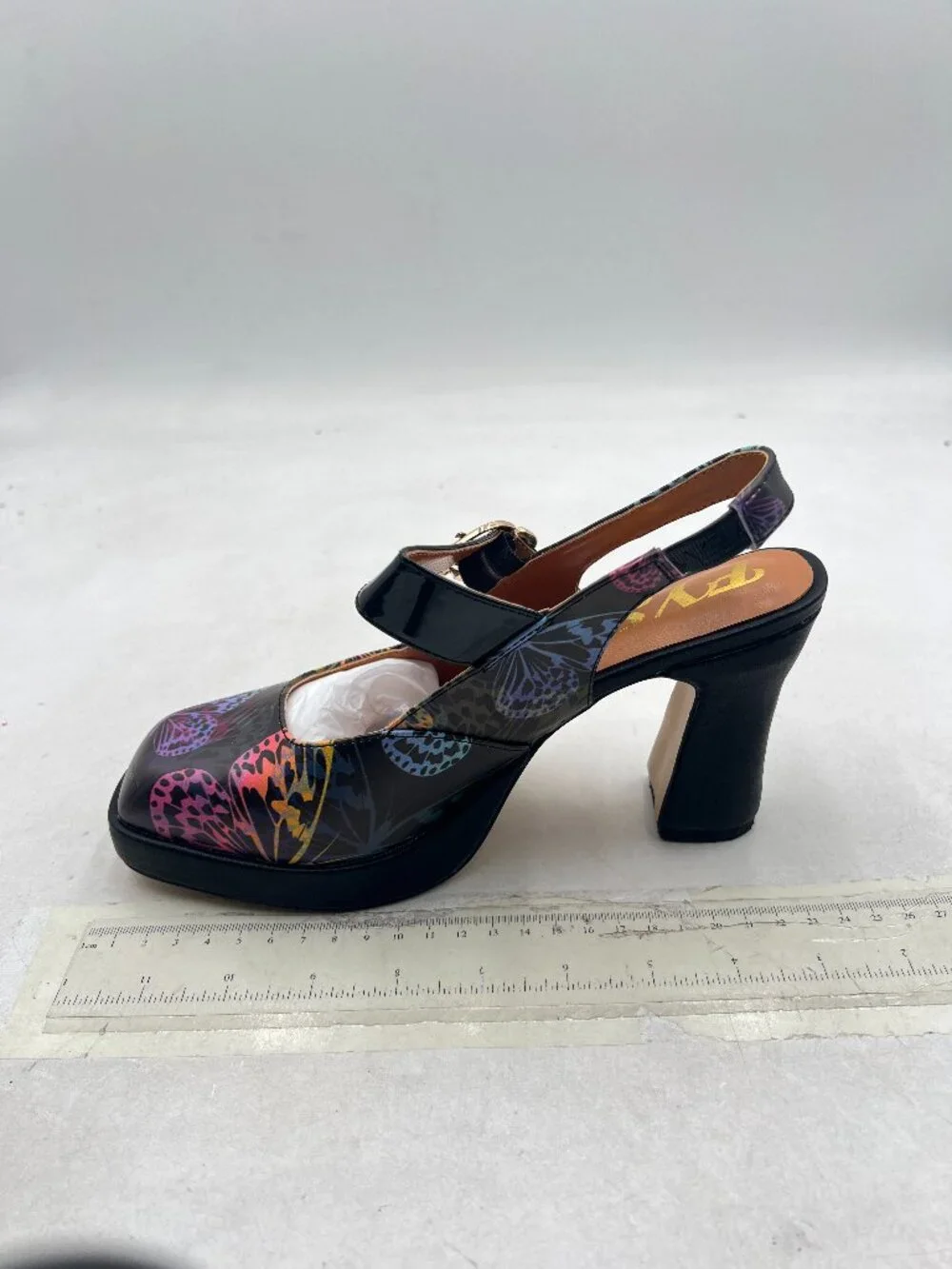 FYS Black Butterfly Platform Square Toe Pumps Chunky High Heel Mary Janes Shoes